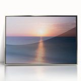 Mid-century modernist art of Cancun scenery in muted blue and green tones, framed acrylic, ideal for nursery wall art.