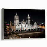 Framed canvas landscape art painting of Mexico City, featuring colorful vintage poster art on a black background.