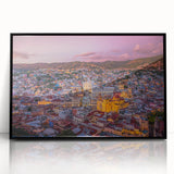 Large abstract wall art depicting Guanajuato, Mexico, in vibrant colors on a black framed acrylic, suitable for modern decor.