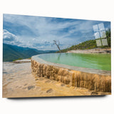 Large abstract wall art of Oaxaca scenery in muted earth tones on acrylic glass, ideal for bedroom or dining room decor.