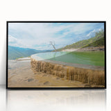 Large abstract wall art depicting a vibrant Oaxaca scenery in a mid-century modernist style, framed in black acrylic.