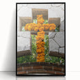 Large abstract wall art of Quintana Roo scenery in muted blue and green, framed in black acrylic.