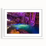 Abstract art print of Yucatan scenery in muted earth tones on a framed white mat, ideal for dining room decor.