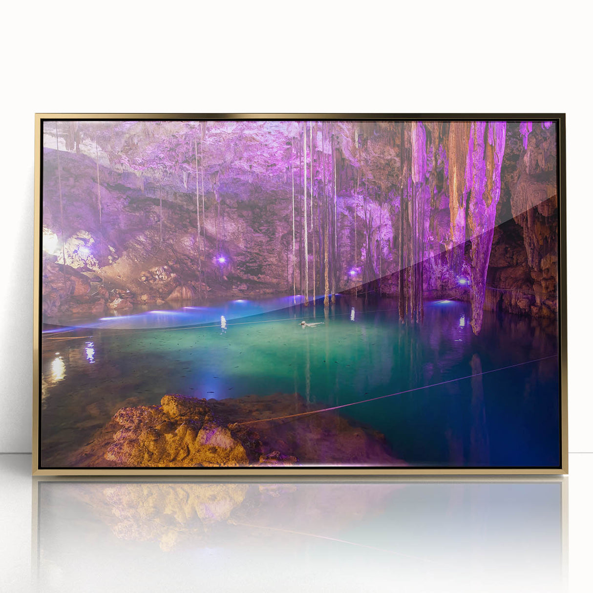 Framed acrylic print of a Yucatan landscape in mid-century modernist style, featuring earth tones.