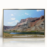 Mid-century modernist acrylic print depicting a serene Afghan landscape in muted earth tones.