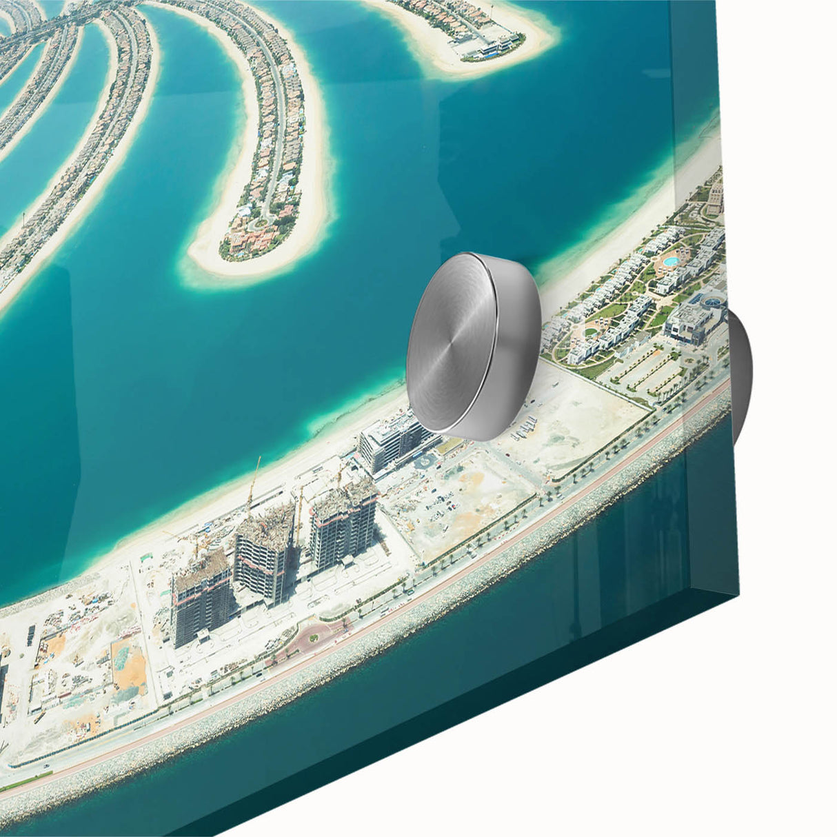 Acrylic print of a large abstract depiction of Dubai with vibrant gold and blue tones, ideal for dining room art.