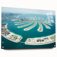 Acrylic glass print of Dubai skyline in muted gray and blue tones, suitable for bedroom or dining room decor.