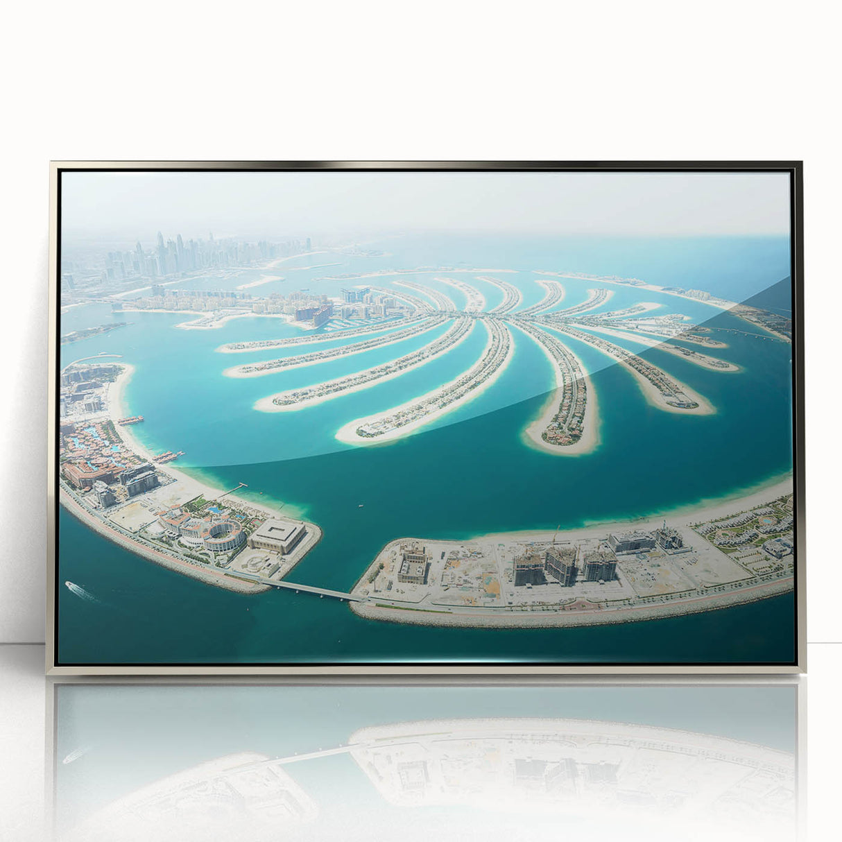 Mid-century modernist acrylic print of Dubai skyline in muted silver tones, ideal for modern art wall decor.