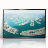 Mid-century modernist acrylic print of Dubai skyline in muted silver tones, ideal for modern art wall decor.