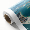 Art Deco style poster of Dubai skyline in muted gold and blue tones on rolled canvas, ideal for nursery wall art.
