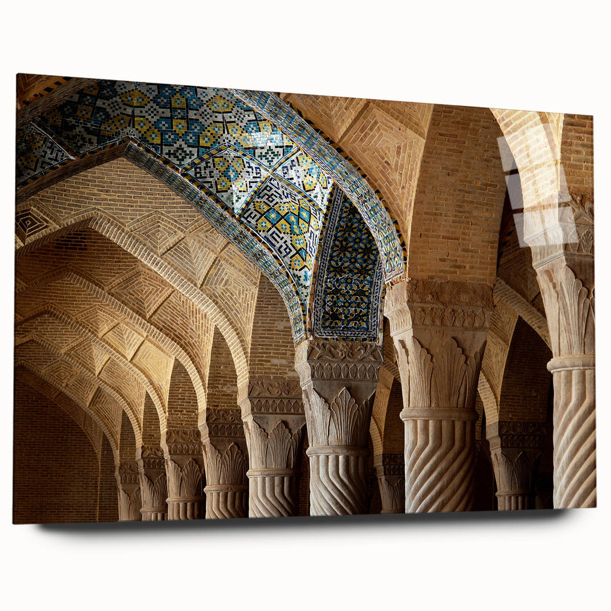 Large abstract depiction of Middle Eastern scenery in muted earth tones on acrylic glass.