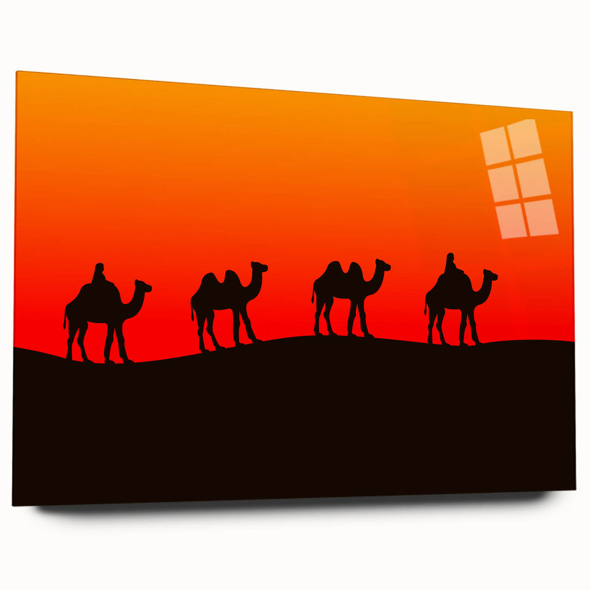 Large abstract wall art depicting a Middle Eastern desert scene in muted earth tones on acrylic glass.