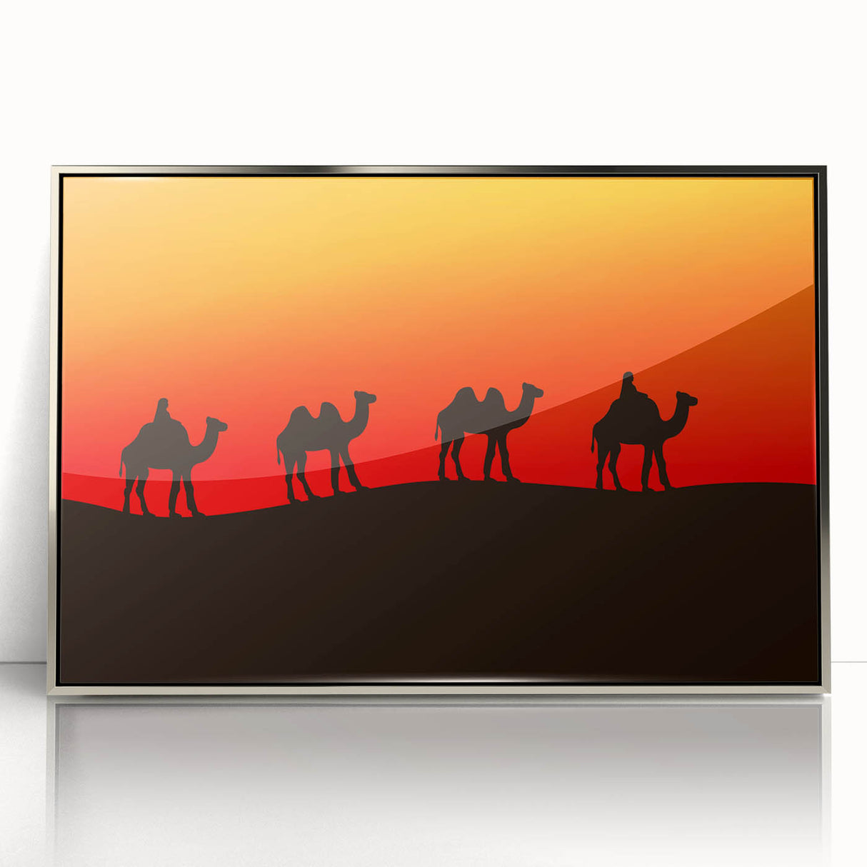 Mid-century modernist art depicting a serene Middle Eastern landscape in muted earth tones, framed in silver acrylic.