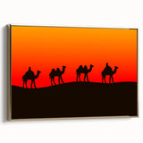 Framed canvas featuring a vintage-style landscape painting of a Middle Eastern scenery in muted gold and black tones.