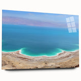 Acrylic print of the Dead Sea in muted blues and grays, ideal for bedroom or dining room art.
