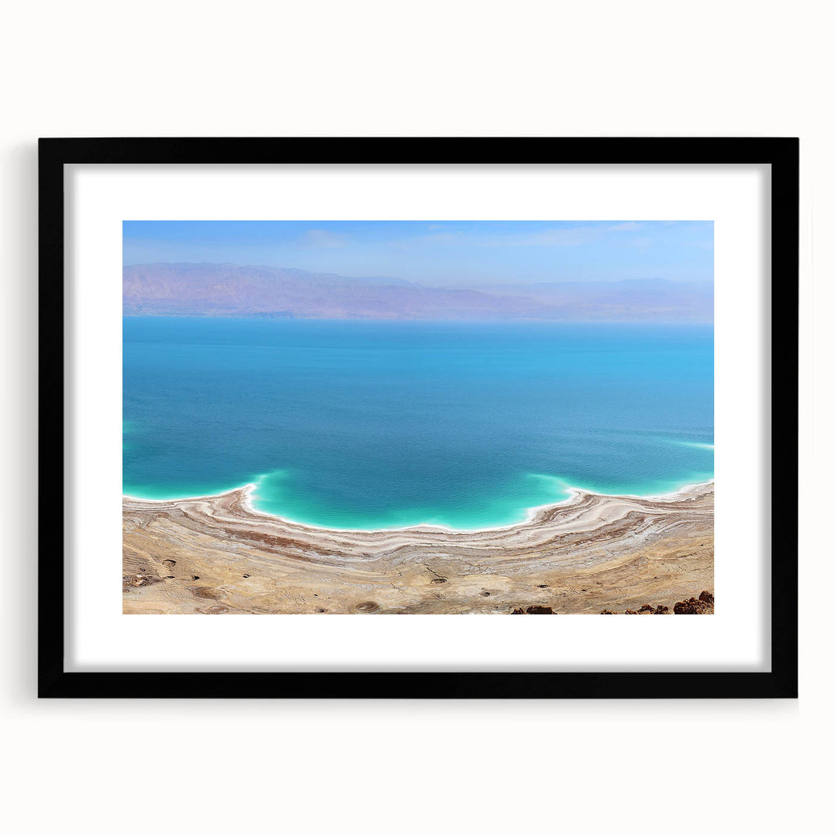 Abstract art print of the Dead Sea in textured, colorful hues on a large framed canvas, ideal for living room decor.