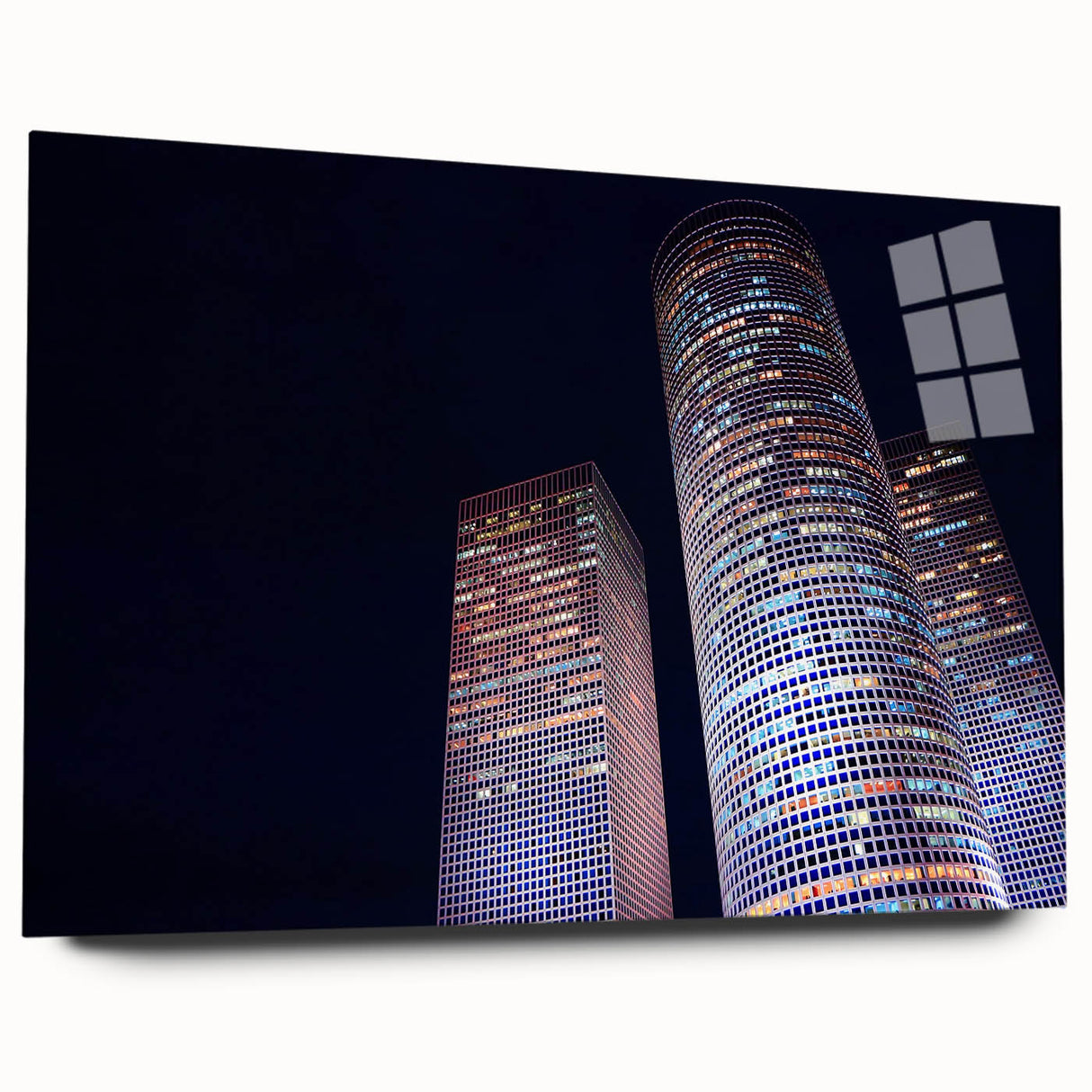 Large abstract wall art of Tel Aviv skyline in muted earth tones on acrylic glass, suitable for bedroom or dining room decor.