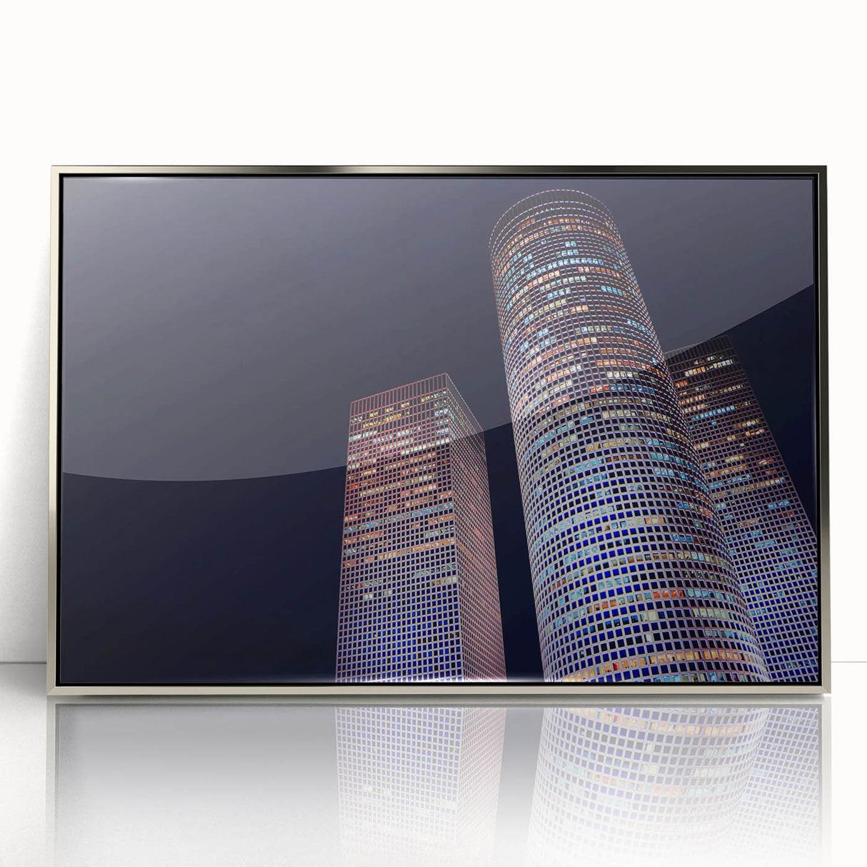 Mid-century modernist art of Tel Aviv skyline in muted gray and blue tones on a framed acrylic print.