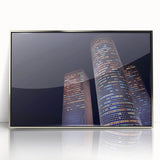 Mid-century modernist art of Tel Aviv skyline in muted gray and blue tones on a framed acrylic print.