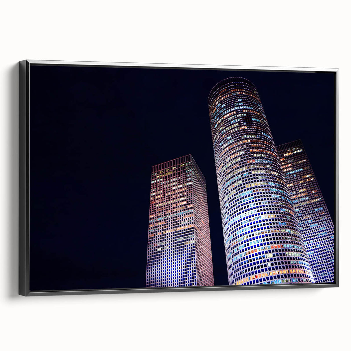 Black and white vintage poster art of Tel Aviv landscape on framed canvas, suitable for bedroom decor.