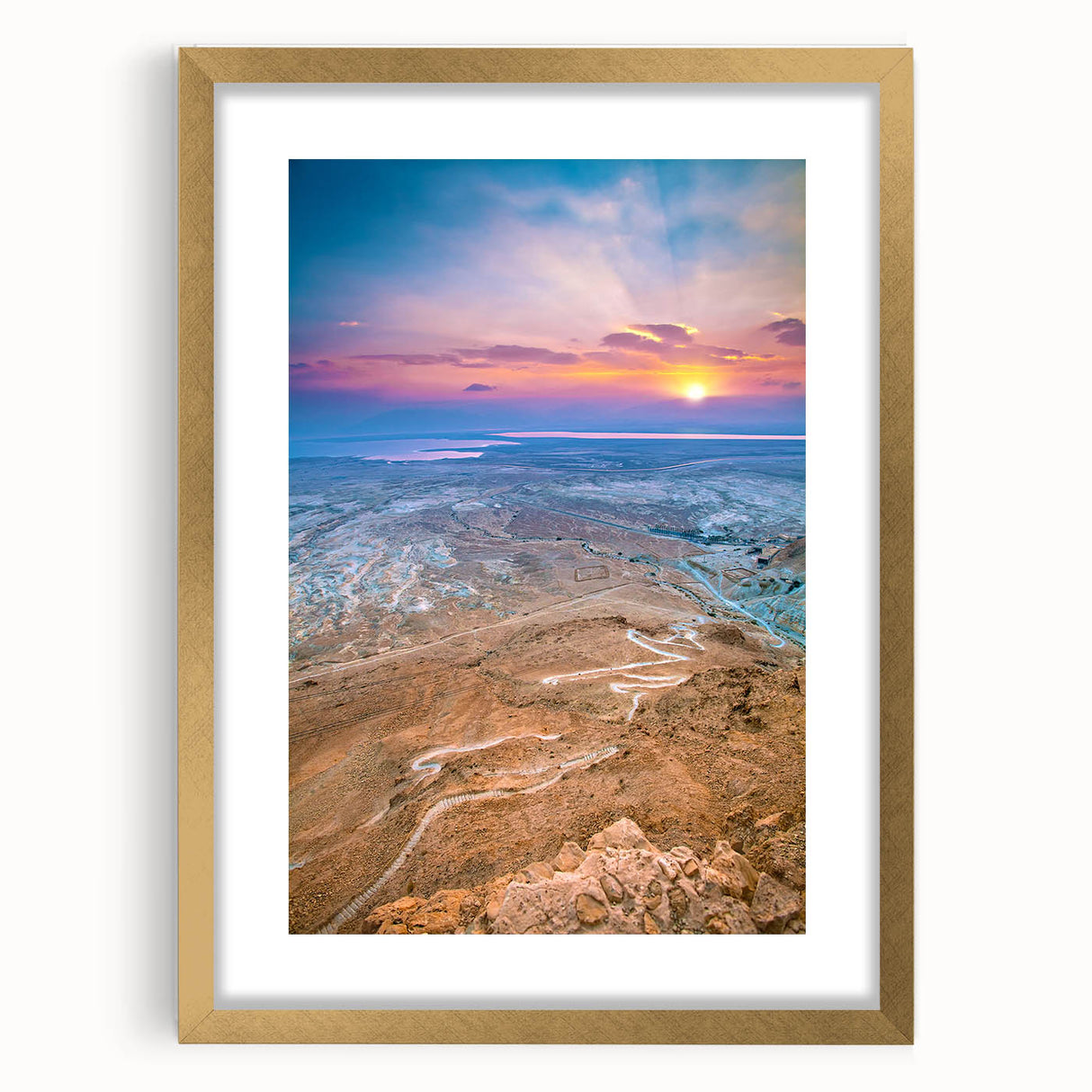 Extra large abstract art print of a Middle Eastern landscape in muted earth tones on a textured canvas.
