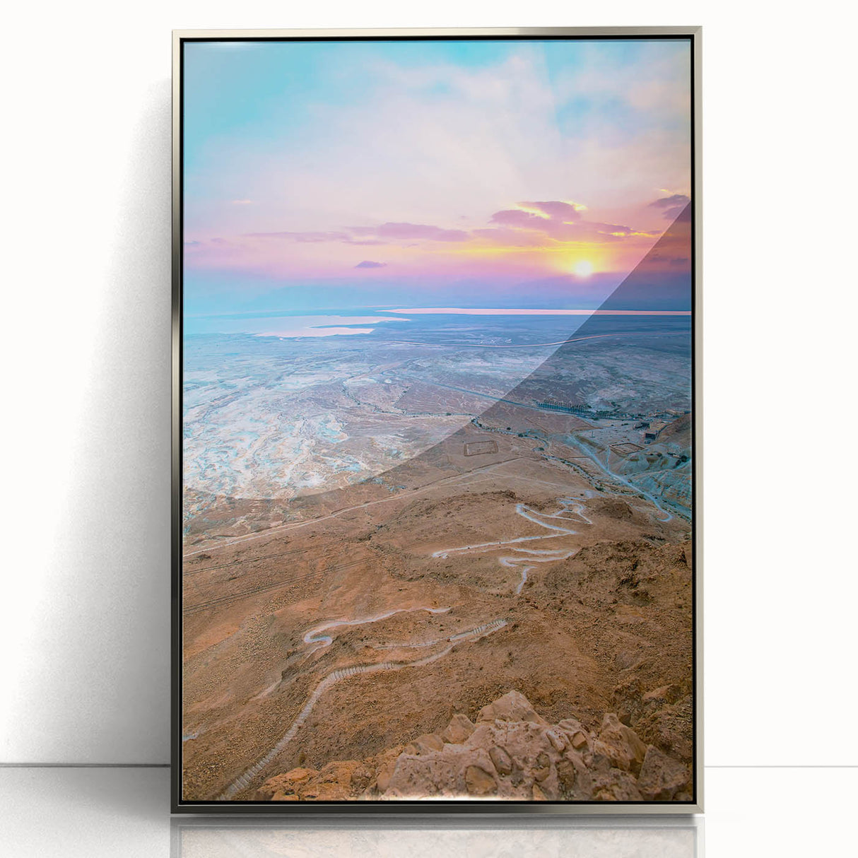 Mid-century modernist art depicting a scenic view of Israel in muted earth tones, framed in silver acrylic.