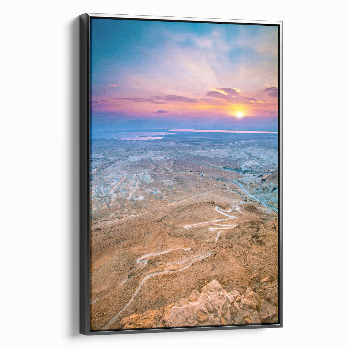 Black and white landscape art painting of a Middle Eastern scenery on framed canvas, suitable for bedroom decor.