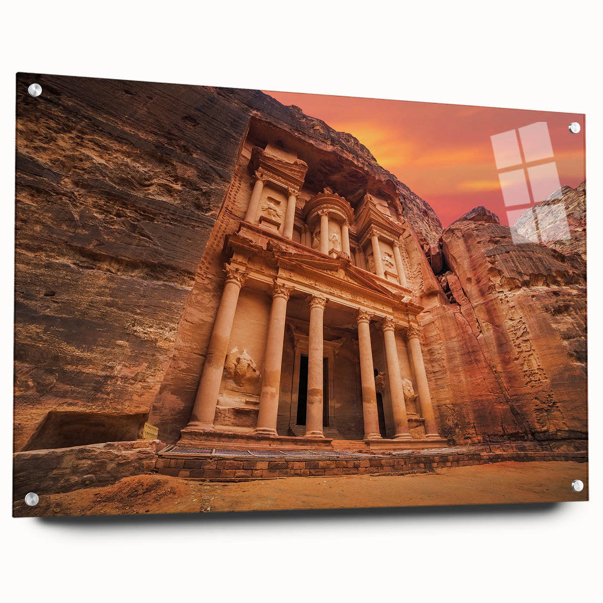 Acrylic print of a Jordanian landscape in muted earth tones, ideal for dining room wall art.