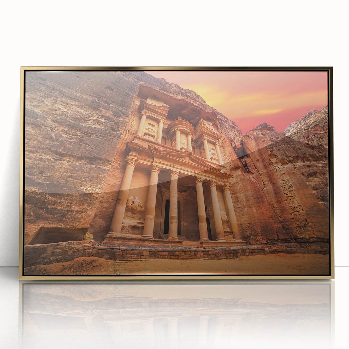 Mid-century modernist style large art print of a Jordanian landscape in muted earth tones, acrylic framed.