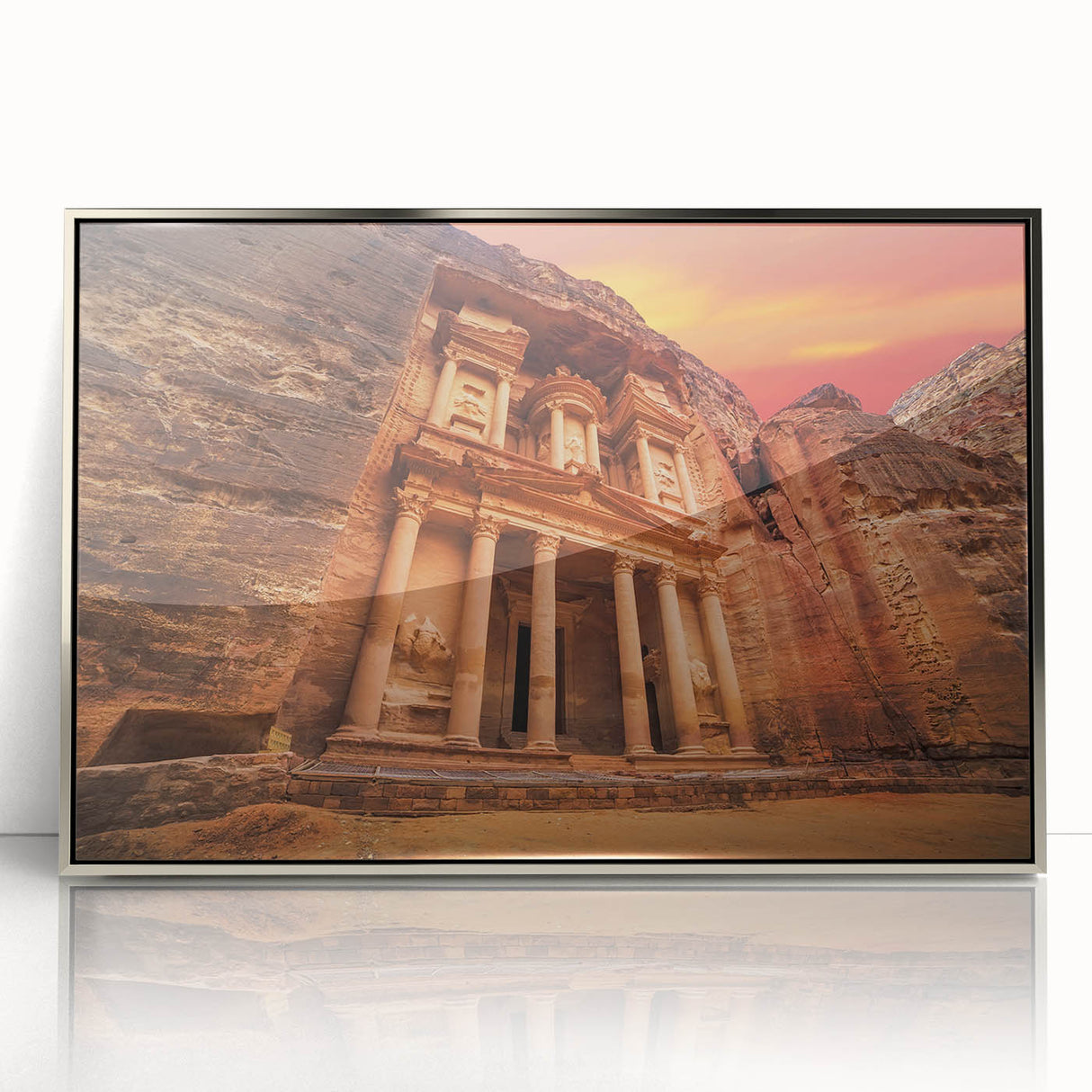 Mid-century modernist art depicting a Jordanian landscape in muted earth tones on a silver-framed acrylic print.