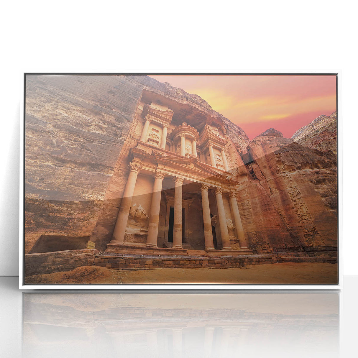 Art deco poster of Jordan scenery in muted earth tones on framed acrylic, ideal for modern art wall decor.