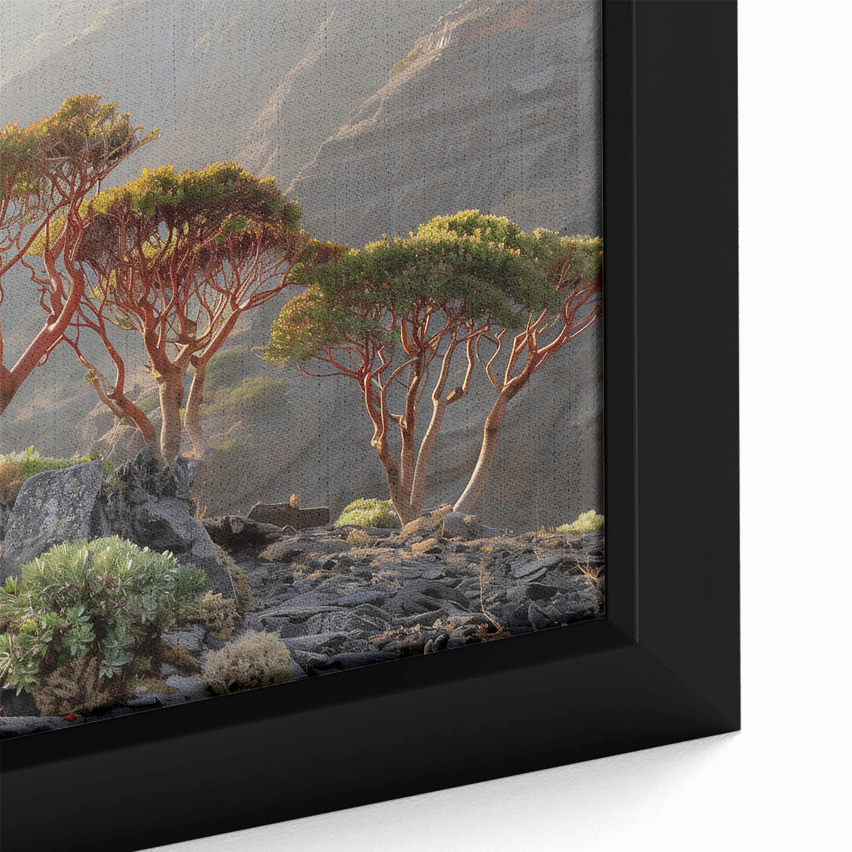Close-up of a framed canvas featuring a textured, colorful Middle Eastern scenery in black, ideal for living room decor.