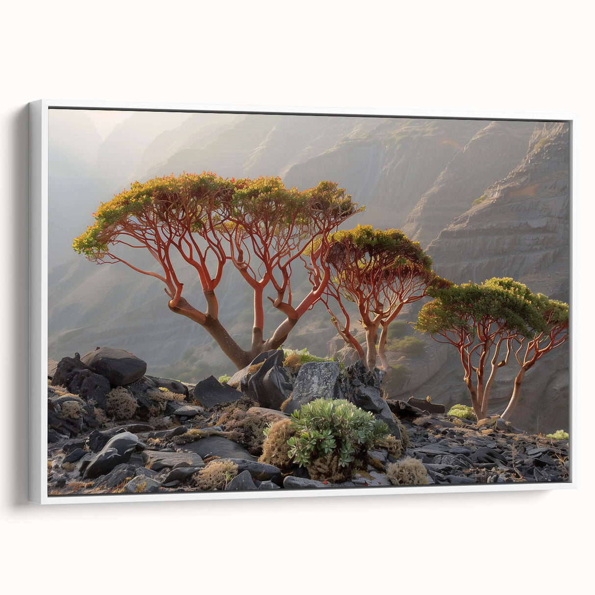 Vintage poster art of a Middle Eastern scenery on extra large framed canvas, featuring colorful art on a black background.