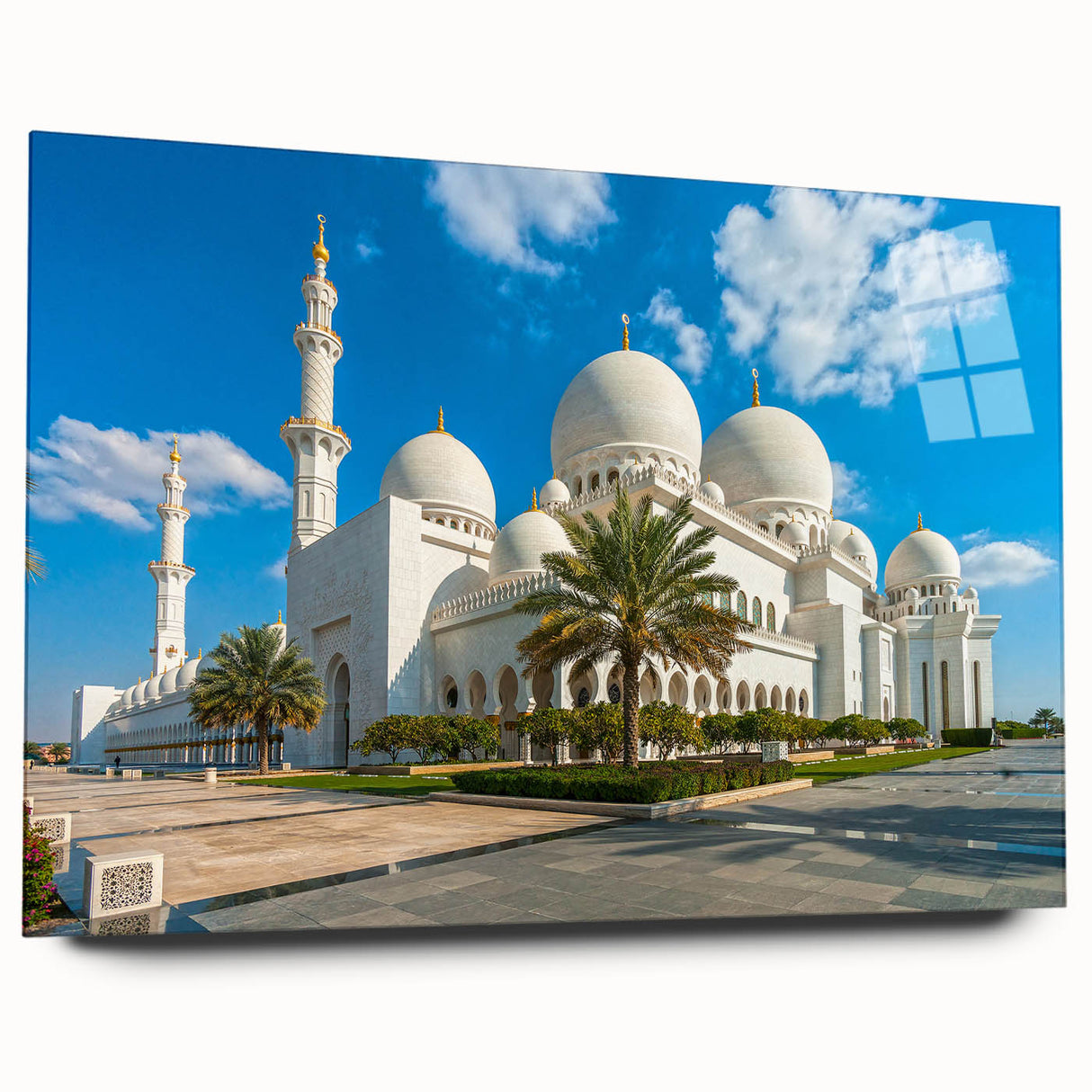 Large abstract wall art of Abu Dhabi skyline in muted gray and blue tones on acrylic glass.