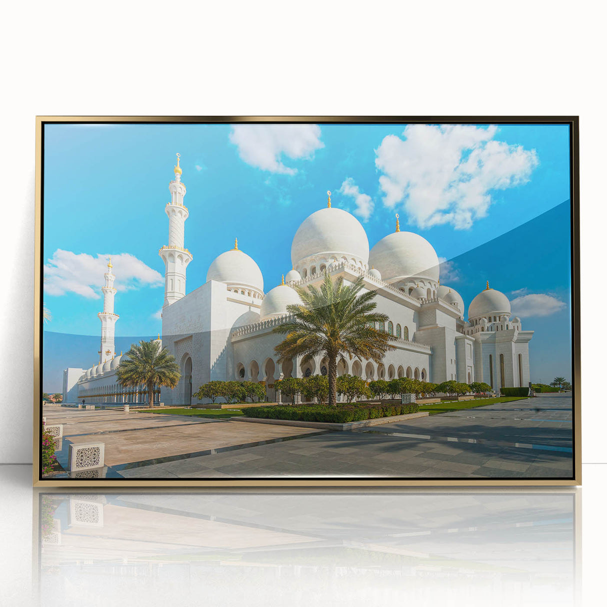 Mid-century modernist art of Abu Dhabi skyline in gold tones on framed acrylic, suitable for modern art wall decor.