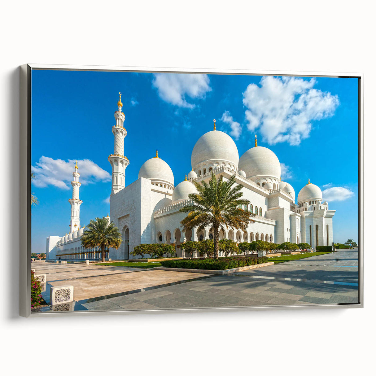 Landscape art painting of Abu Dhabi skyline on a framed canvas.