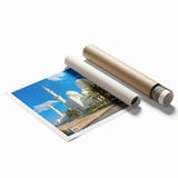 Extra large rolled print of Abu Dhabi skyline with soft pink and blue tones.