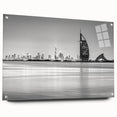 Side view of Burj Al Arab depicted in large abstract acrylic glass wall art with vibrant blue and white tones.