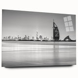 Large abstract wall art of Burj Al Arab in muted blue and gray tones on acrylic glass.