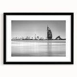 Extra large, textured abstract art print of a colorful, stylized Emirates Burj Al Arab scene on a black framed canvas.
