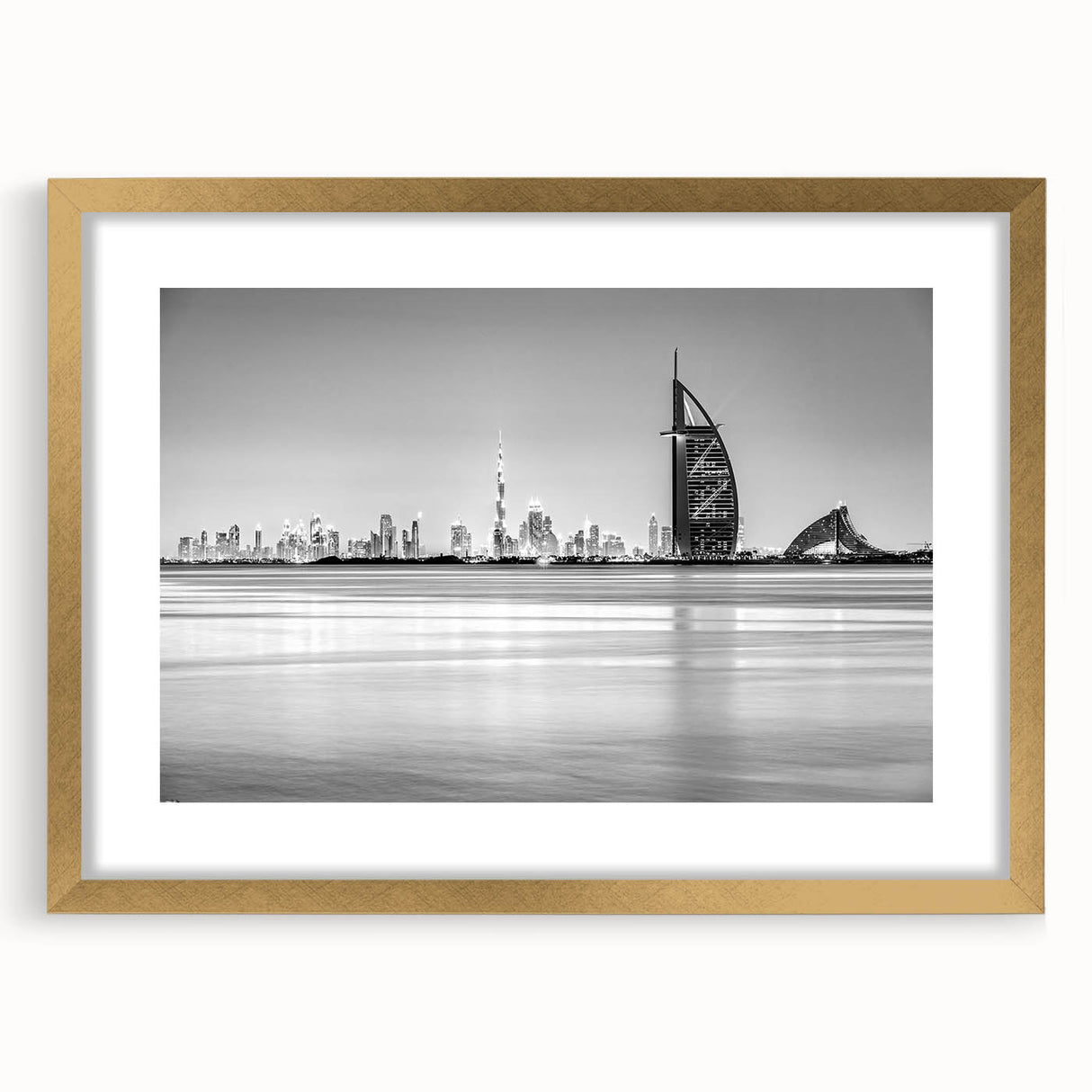 Extra large wall art featuring an abstract depiction of the Burj Al Arab in textured shades of gold and cream.