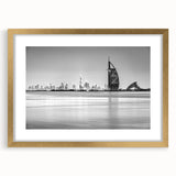 Extra large wall art featuring an abstract depiction of the Burj Al Arab in textured shades of gold and cream.