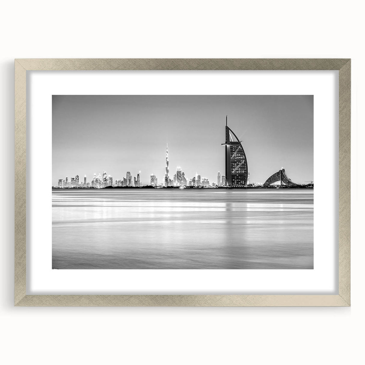 Abstract textured art print of Burj Al Arab in muted blue tones on a framed canvas, suitable for bedroom art.