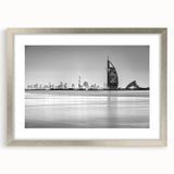 Abstract textured art print of Burj Al Arab in muted blue tones on a framed canvas, suitable for bedroom art.