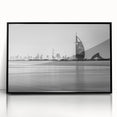Large abstract wall art of Burj Al Arab in muted gray tones on a framed acrylic, suitable for modern living room decor.