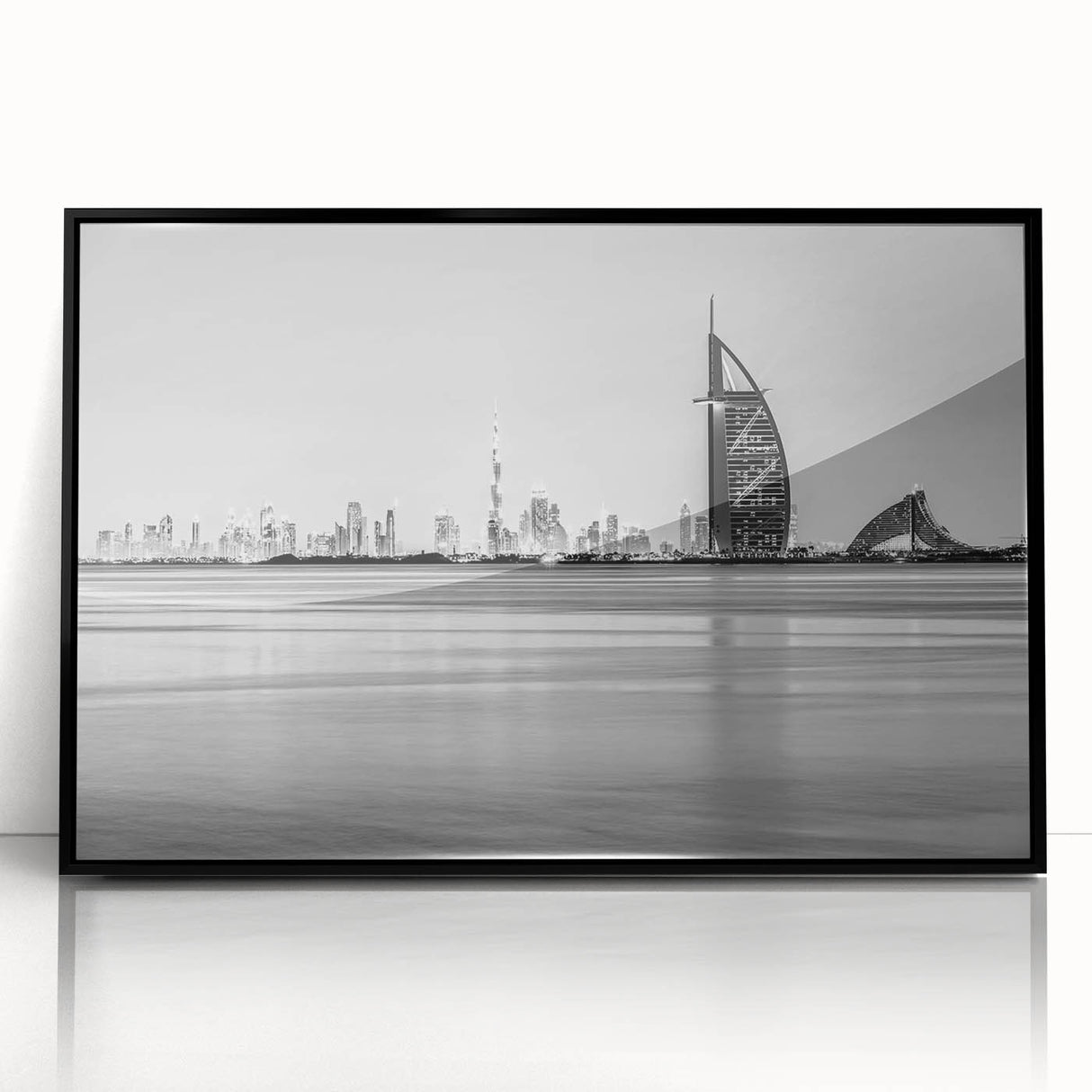 Large abstract wall art of Burj Al Arab in muted gray tones on a framed acrylic, suitable for modern living room decor.