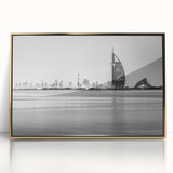 Acrylic print of the Burj Al Arab in gold tones, in mid-century modernist style, suitable for modern art wall decor.