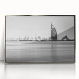 Mid-century modernist art depicting the Burj Al Arab in muted silver tones on a framed acrylic.