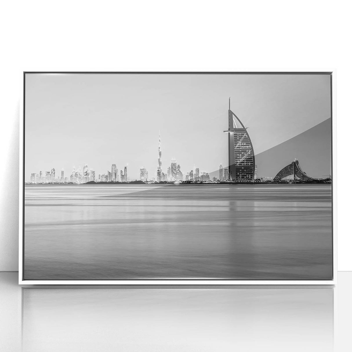 Acrylic print of the Burj Al Arab with soft blue sky, ideal for modern art wall decor in a living room.
