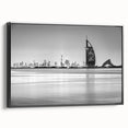 Black and white framed canvas of the Burj Al Arab in a vintage poster style, ideal for bedroom wall decor.